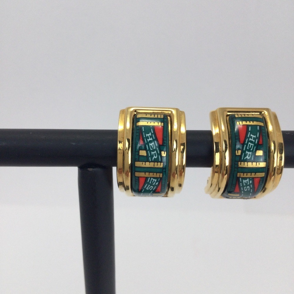 Hermes Vintage Cloisonne' Luxury Enamel Gold Tone Clip on Earrings - Picture 4 of 7